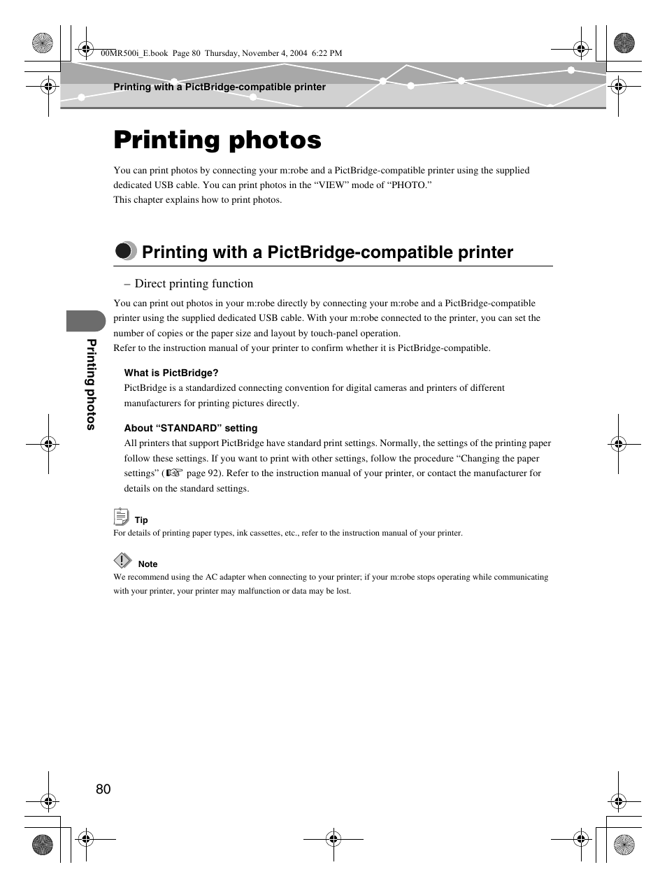 Printing photos, Printing with a pictbridge-compatible printer | Olympus MR-500i User Manual | Page 80 / 117