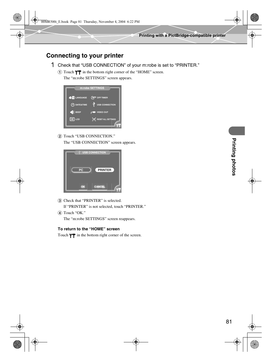 Connecting to your printer, Connecting to your printer 1, Pr inting photo s | Olympus MR-500i User Manual | Page 81 / 117