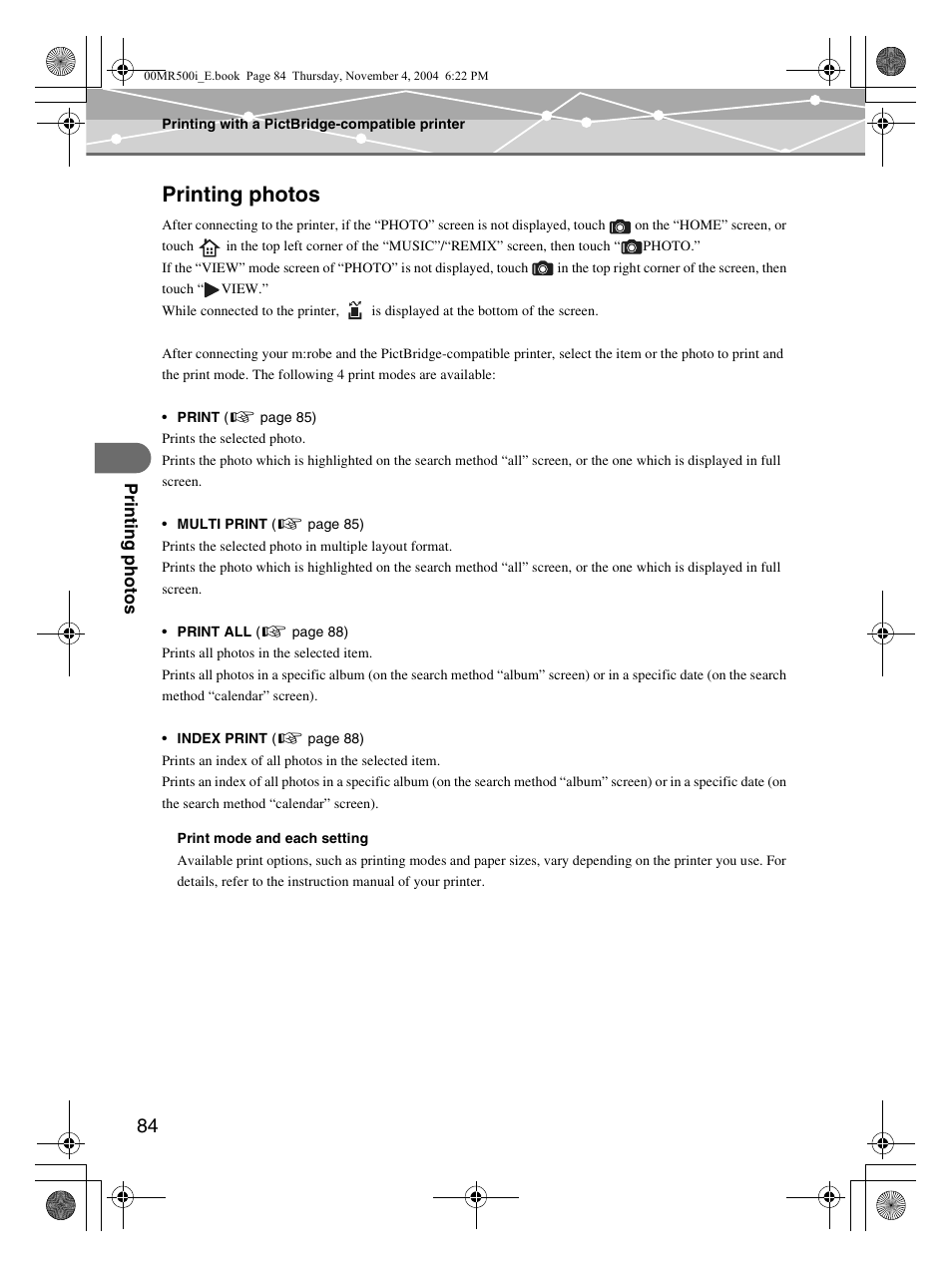 Printing photos | Olympus MR-500i User Manual | Page 84 / 117