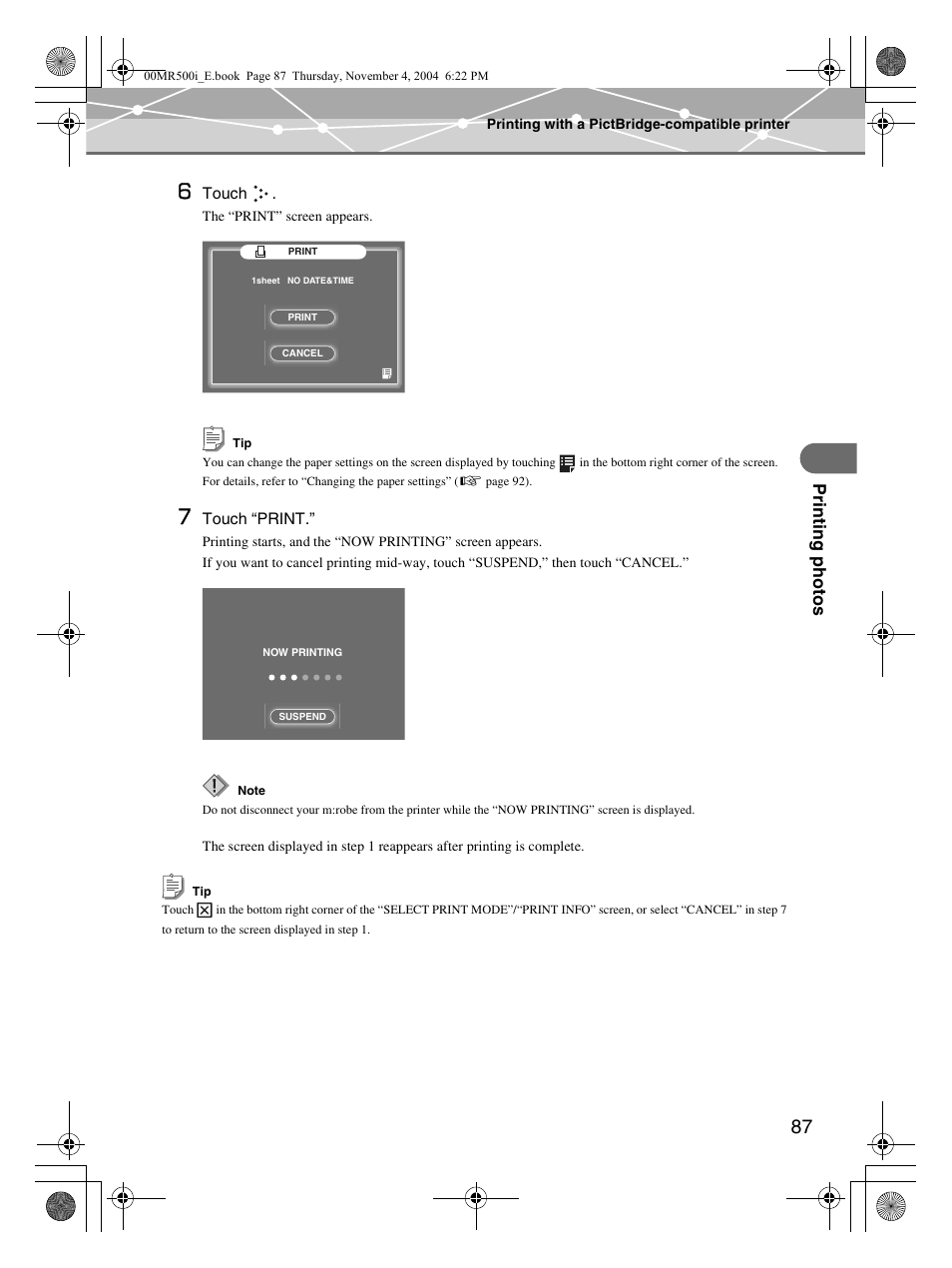 Pr inting photo s | Olympus MR-500i User Manual | Page 87 / 117