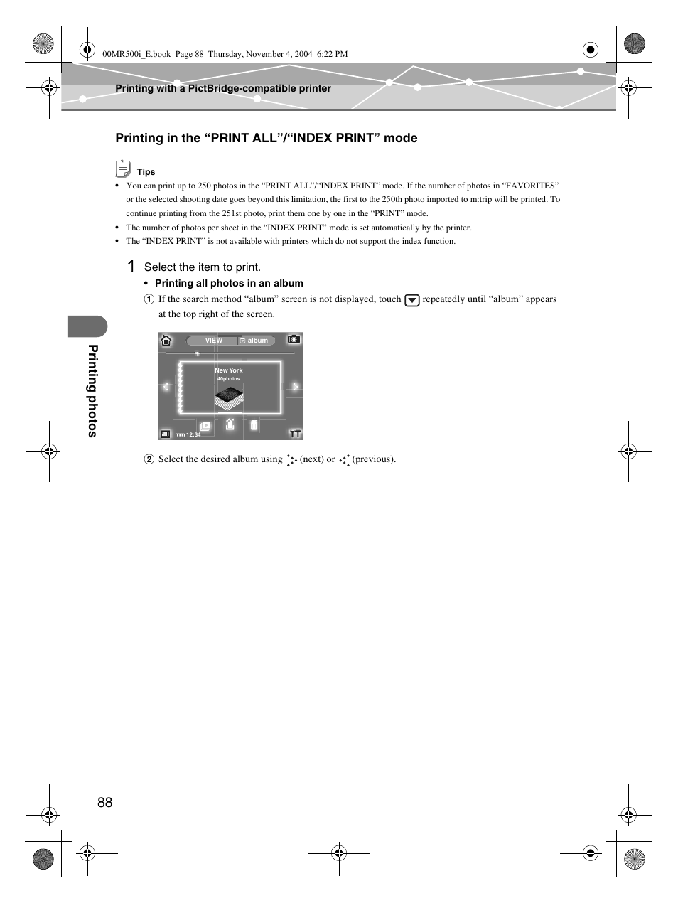 Pr inting phot os, Printing in the “print all”/“index print” mode | Olympus MR-500i User Manual | Page 88 / 117