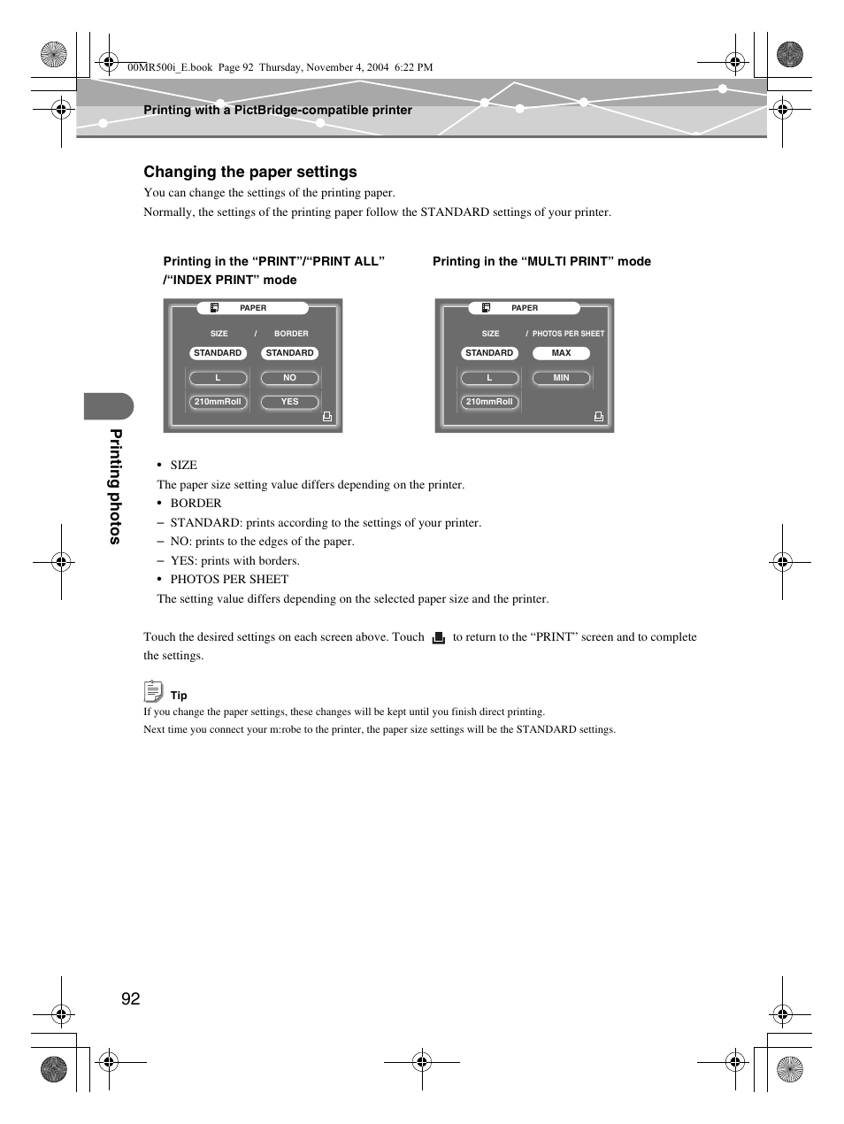 Pr inting phot os, Changing the paper settings | Olympus MR-500i User Manual | Page 92 / 117