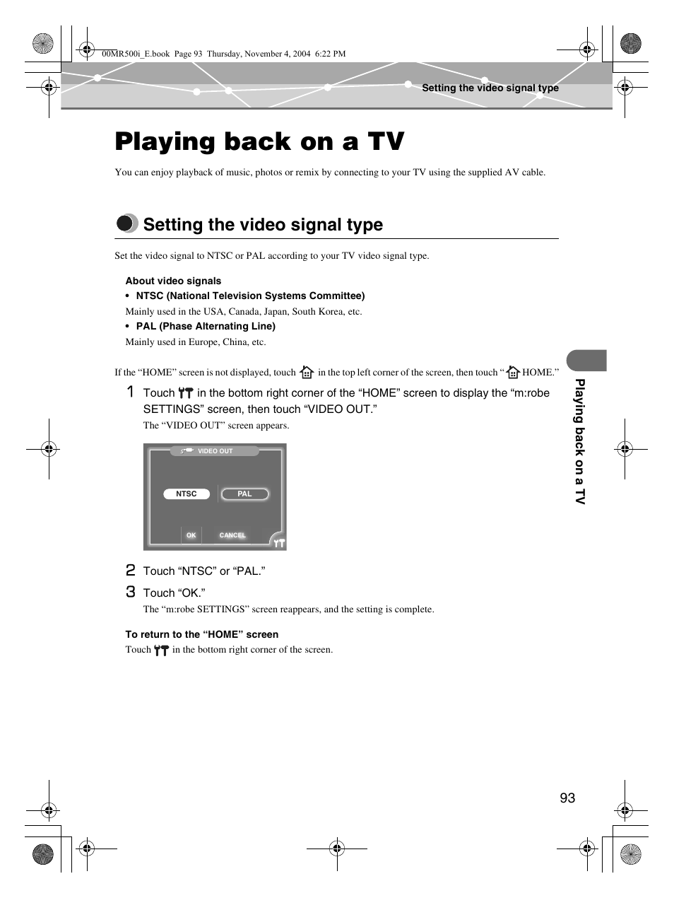 Playing back on a tv, Setting the video signal type | Olympus MR-500i User Manual | Page 93 / 117