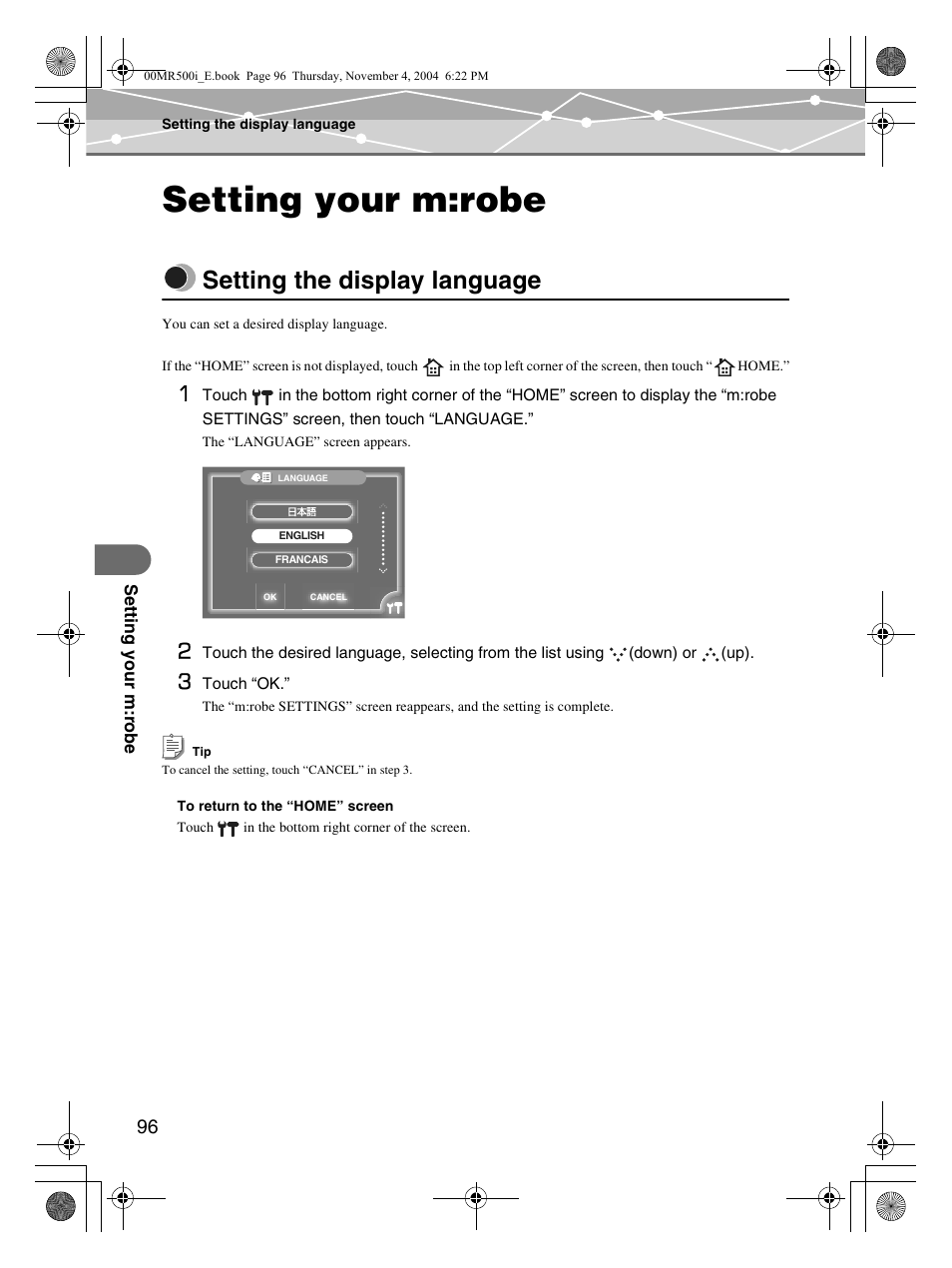 Setting your m:robe, Setting the display language | Olympus MR-500i User Manual | Page 96 / 117