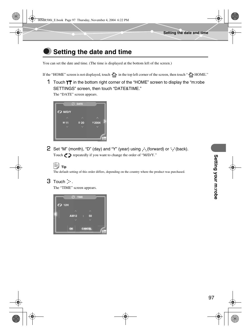 Setting the date and time, Setting, The date and time | Olympus MR-500i User Manual | Page 97 / 117