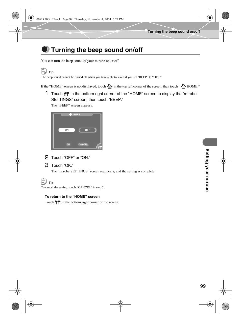 Turning the beep sound on/off | Olympus MR-500i User Manual | Page 99 / 117