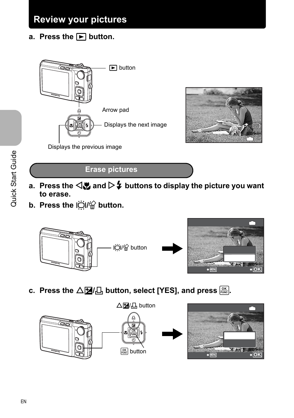 Review your pictures, Erase pictures, Qu ic k s ta rt gu id e | Olympus FE-330 User Manual | Page 10 / 63