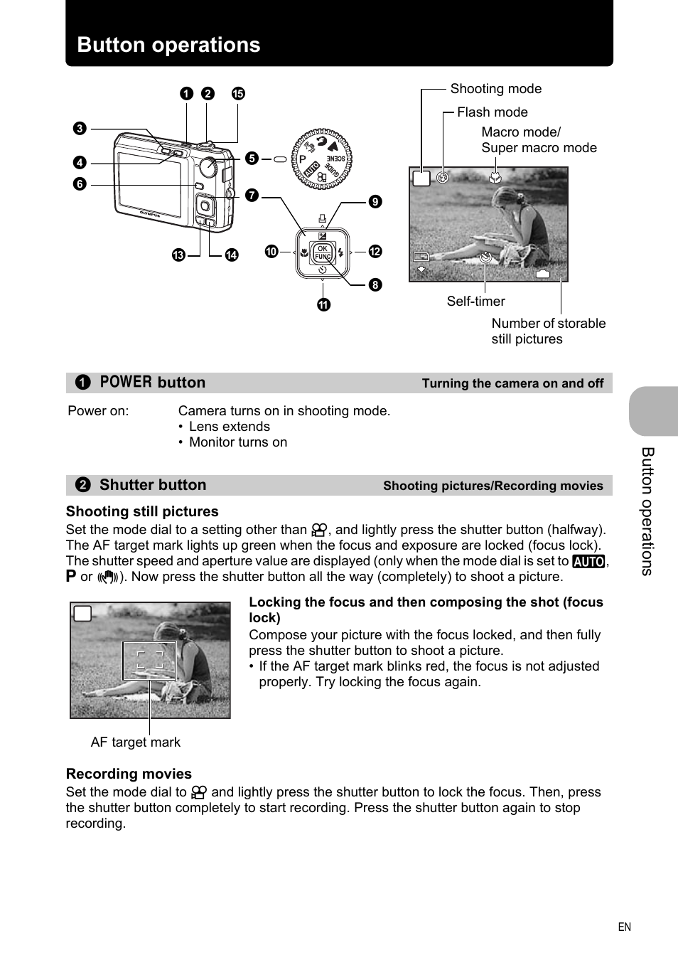 Button operations, Turning the camera on and off, Shooting pictures/recording movies | P. 11, 11 button operations, Butt on op erati o ns | Olympus FE-330 User Manual | Page 11 / 63