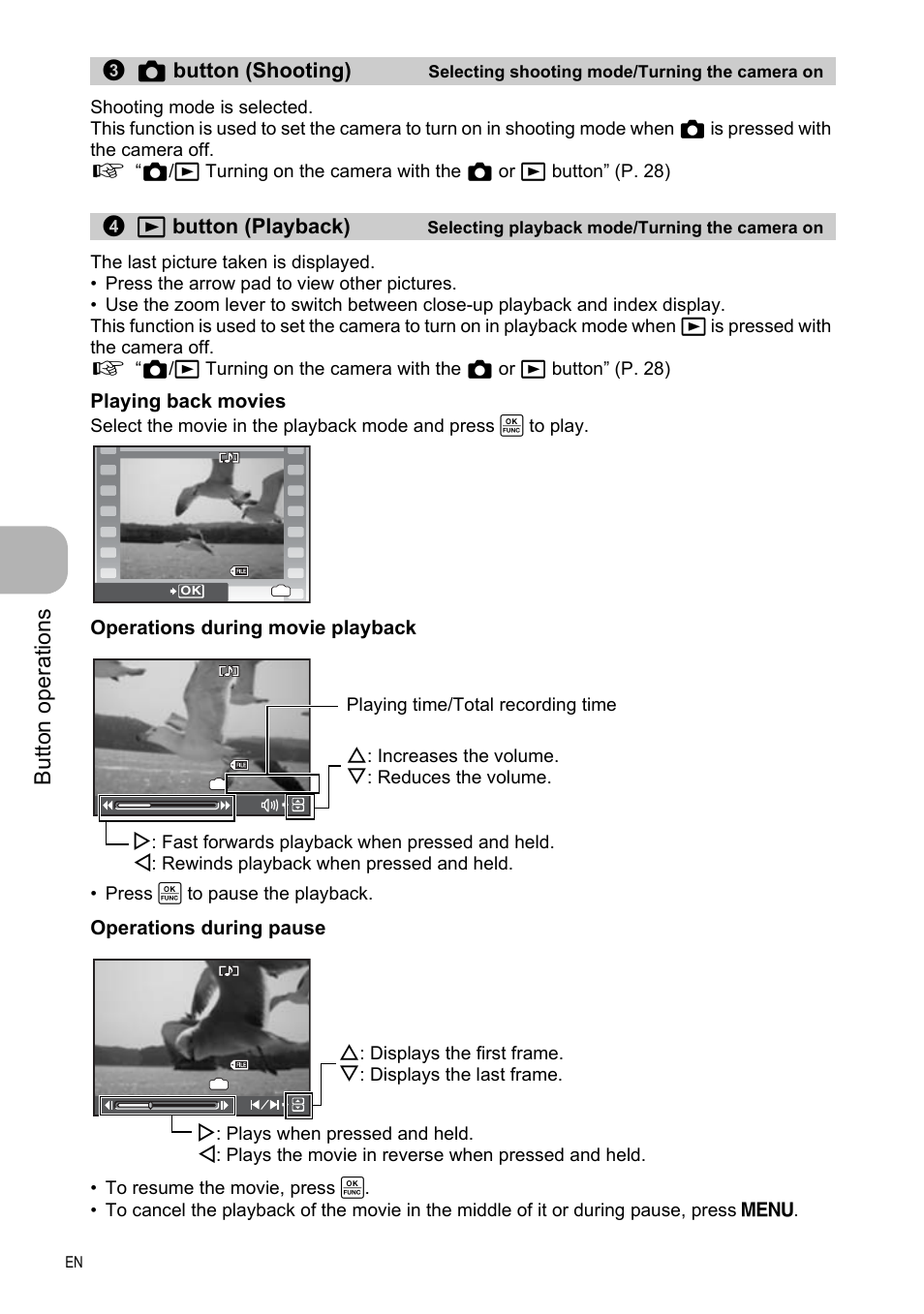 Selecting shooting mode/turning the camera on, Selecting playback mode/turning the camera on, But to n o perat io ns | K button (shooting), Q button (playback) | Olympus FE-330 User Manual | Page 12 / 63