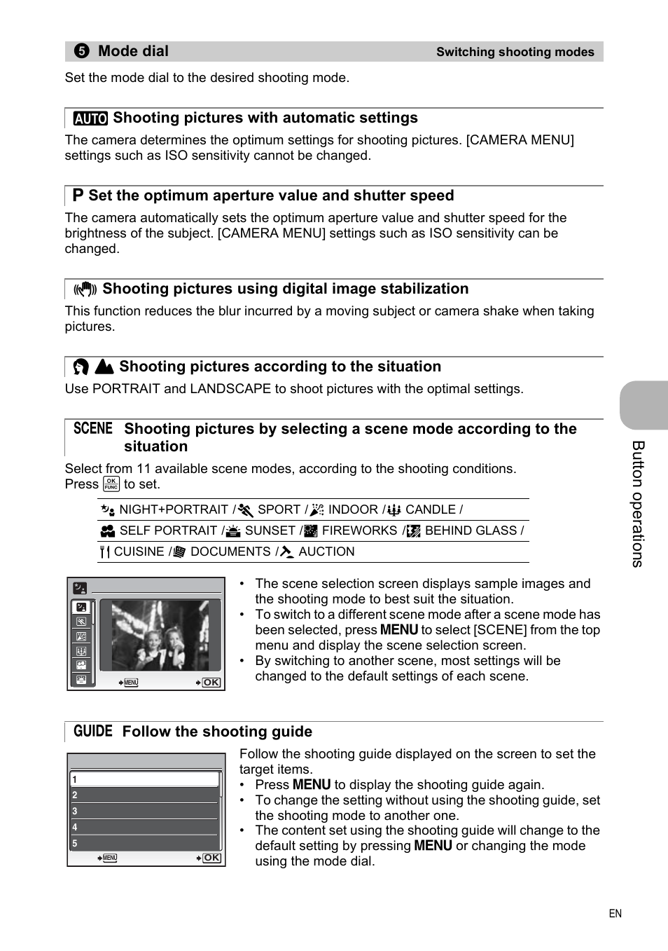 Switching shooting modes, Shooting pictures with automatic settings, Set the optimum aperture value and shutter speed | Shooting pictures according to the situation, Follow the shooting guide, Butt on op erati o ns | Olympus FE-330 User Manual | Page 13 / 63