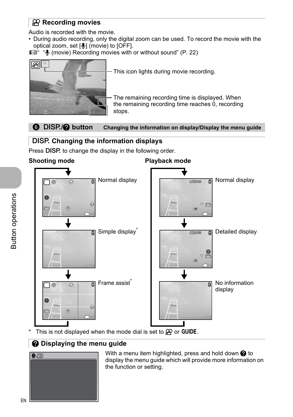 Recording movies, Changing the information displays, Displaying the menu guide | But to n o perat io ns, N recording movies g / e button, Shooting mode, Playback mode, Frame assist, Simple display, Normal display | Olympus FE-330 User Manual | Page 14 / 63