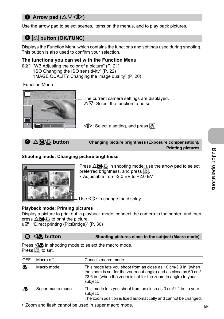 Arrow pad, Ok/func button, Butt on op erati o ns | X& button, The functions you can set with the function menu | Olympus FE-330 User Manual | Page 15 / 63