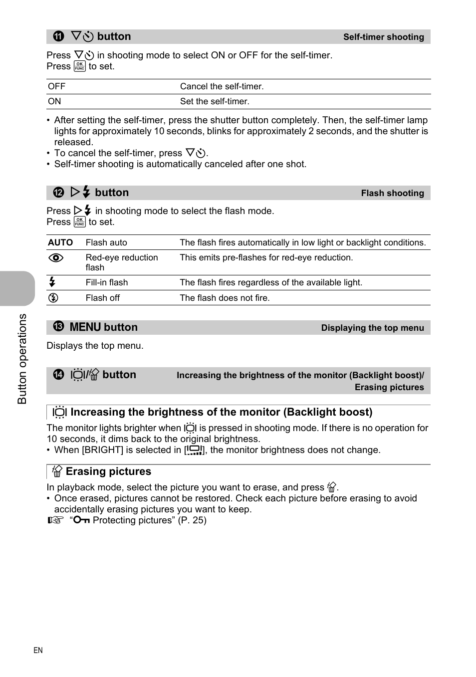Self-timer shooting, Flash shooting, Displaying the top menu | Erasing pictures, But to n o perat io ns | Olympus FE-330 User Manual | Page 16 / 63