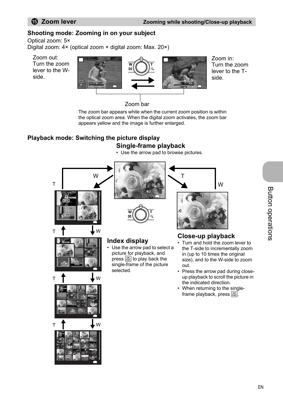 Zooming while shooting/close-up playback, Butt on op erati o ns, Zoom lever | Close-up playback, Index display, Single-frame playback, Shooting mode: zooming in on your subject, Playback mode: switching the picture display, Zoom bar, Wt w | Olympus FE-330 User Manual | Page 17 / 63