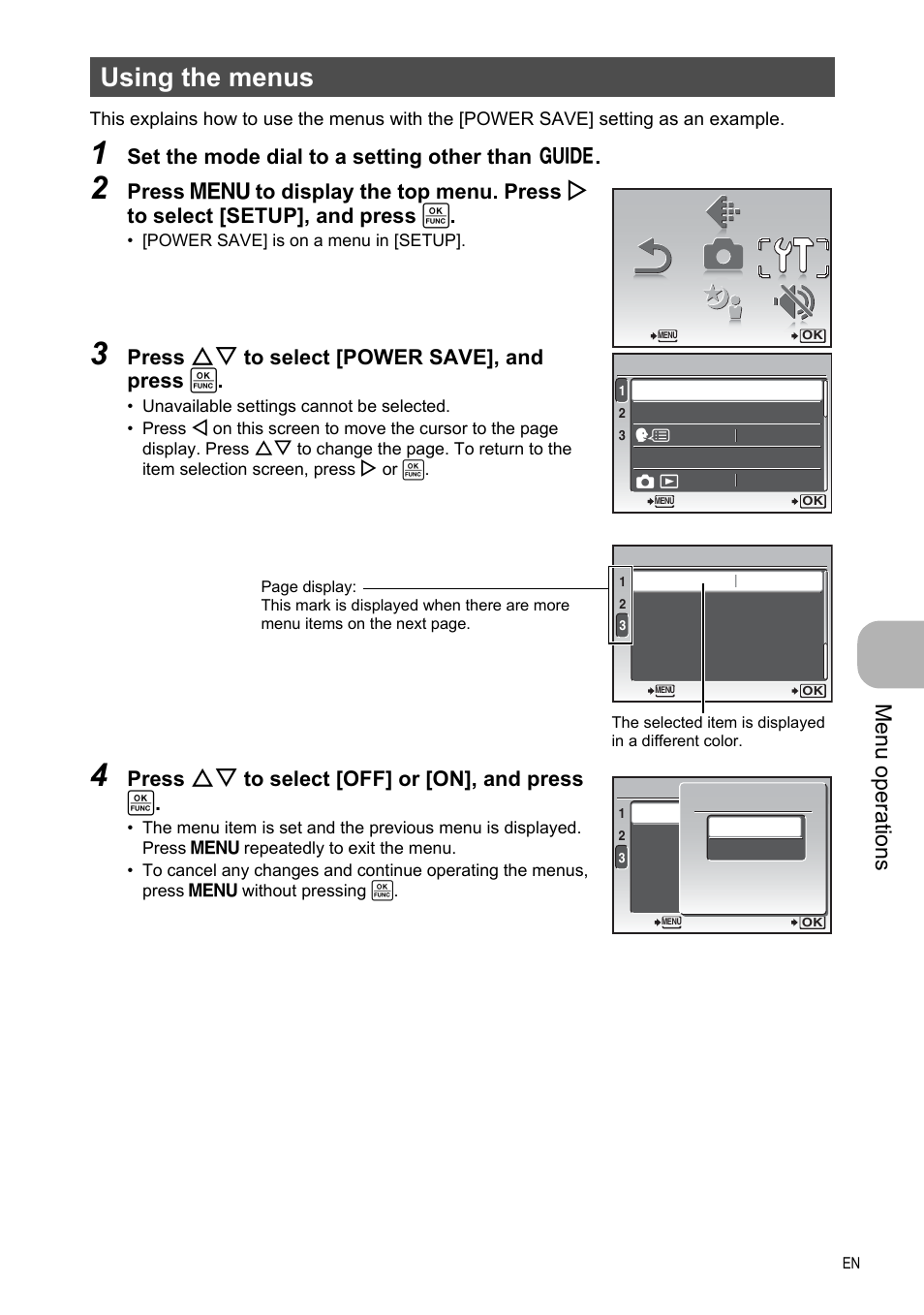 Using the menus, Me nu opera tions, Set the mode dial to a setting other than r | Press on to select [power save], and press, Press on to select [off] or [on], and press | Olympus FE-330 User Manual | Page 19 / 63