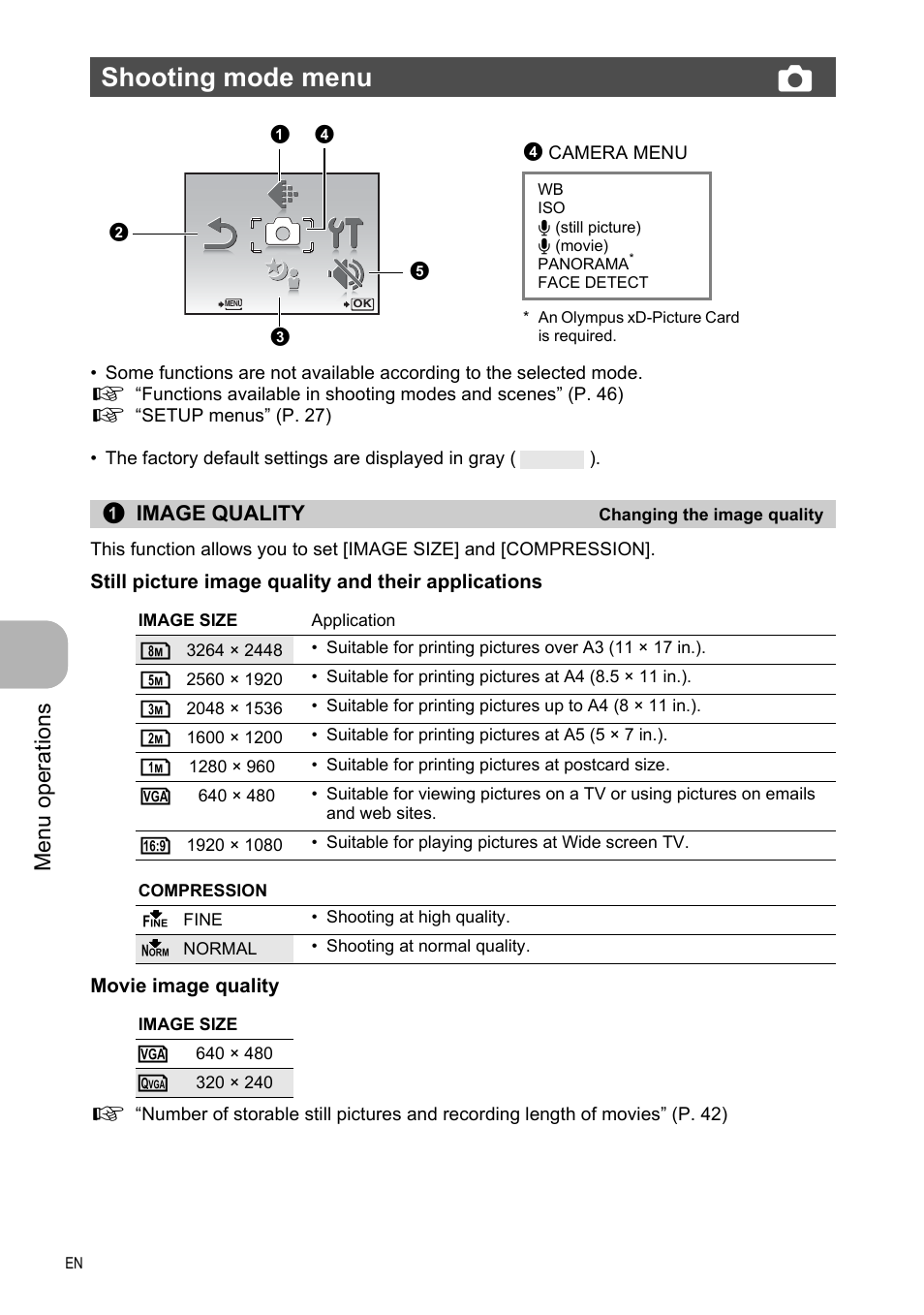 Shooting mode menu, Changing the image quality, Image quality changing the image quality” (p. 20) | Shooting mode menu k, Menu ope rati ons, Image quality | Olympus FE-330 User Manual | Page 20 / 63