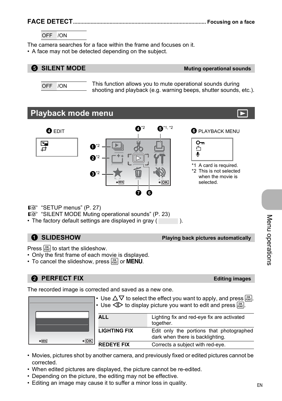 Focusing on a face, Muting operational sounds, Playback mode menu | Playing back pictures automatically, Editing images, P. 23, Playback mode menu q, Me nu opera tions, Face detect, Silent mode | Olympus FE-330 User Manual | Page 23 / 63