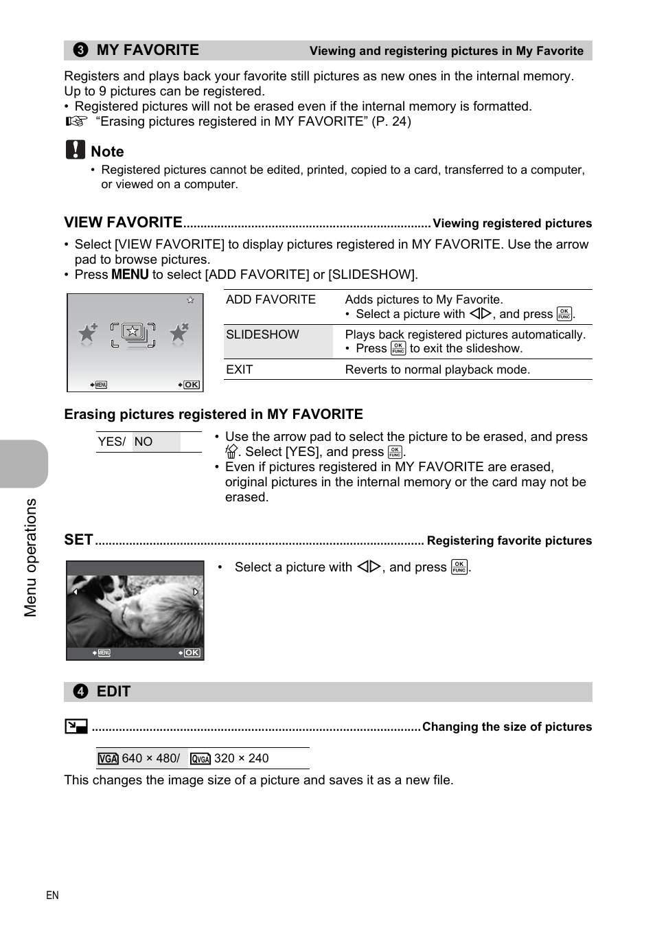 Viewing and registering pictures in my favorite, Viewing registered pictures, Registering favorite pictures | Edit, Changing the size of pictures, Menu ope rati ons, My favorite, View favorite, Edit q, Erasing pictures registered in my favorite | Olympus FE-330 User Manual | Page 24 / 63
