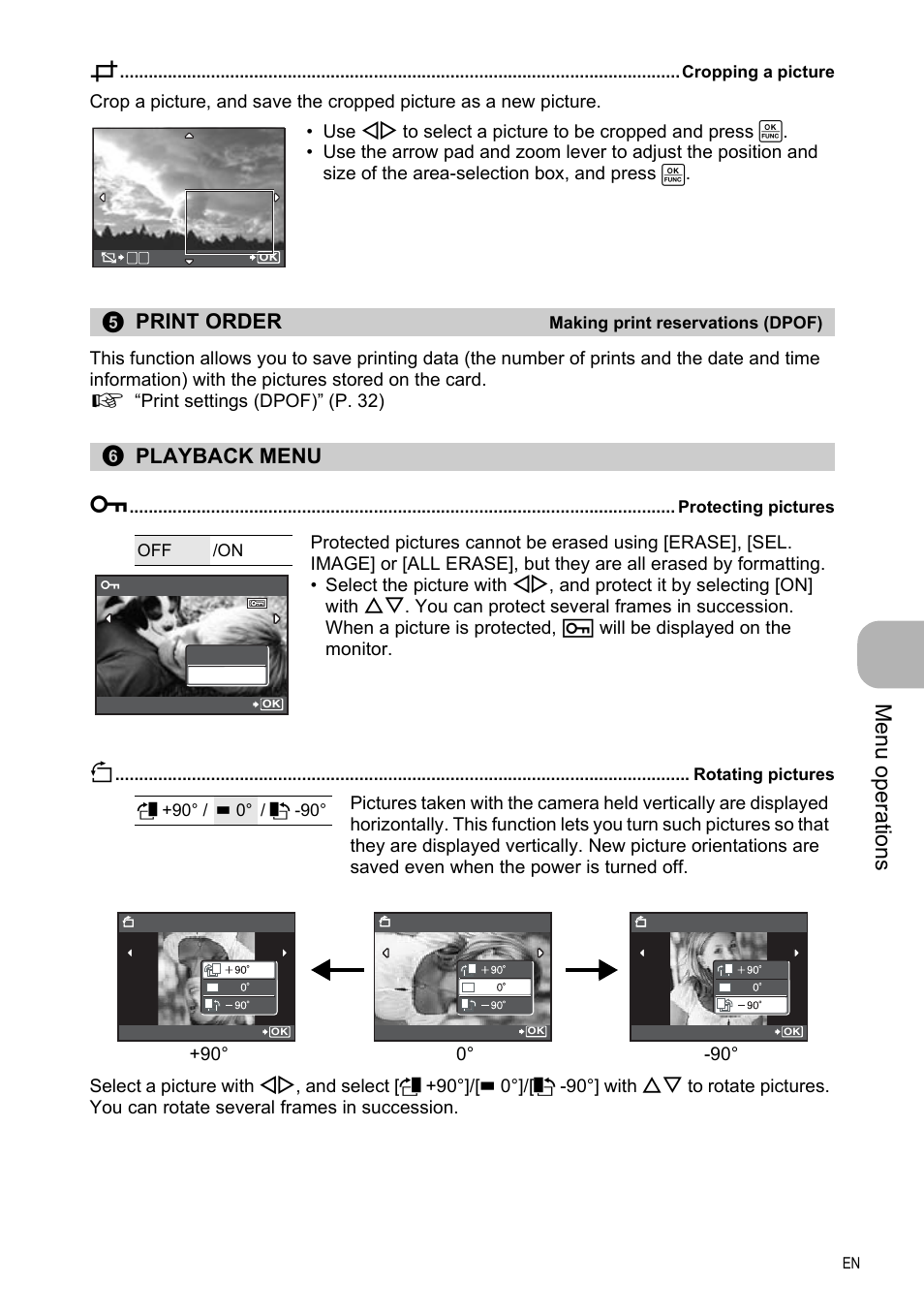 Cropping a picture, Making print reservations (dpof), Playback menu | Protecting pictures, Rotating pictures, Me nu opera tions, Print order, Playback menu 0 | Olympus FE-330 User Manual | Page 25 / 63