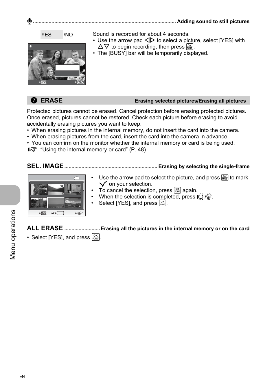 Adding sound to still pictures, Erasing selected pictures/erasing all pictures, Erasing by selecting the single-frame | Menu ope rati ons, Erase, Sel. image, All erase | Olympus FE-330 User Manual | Page 26 / 63