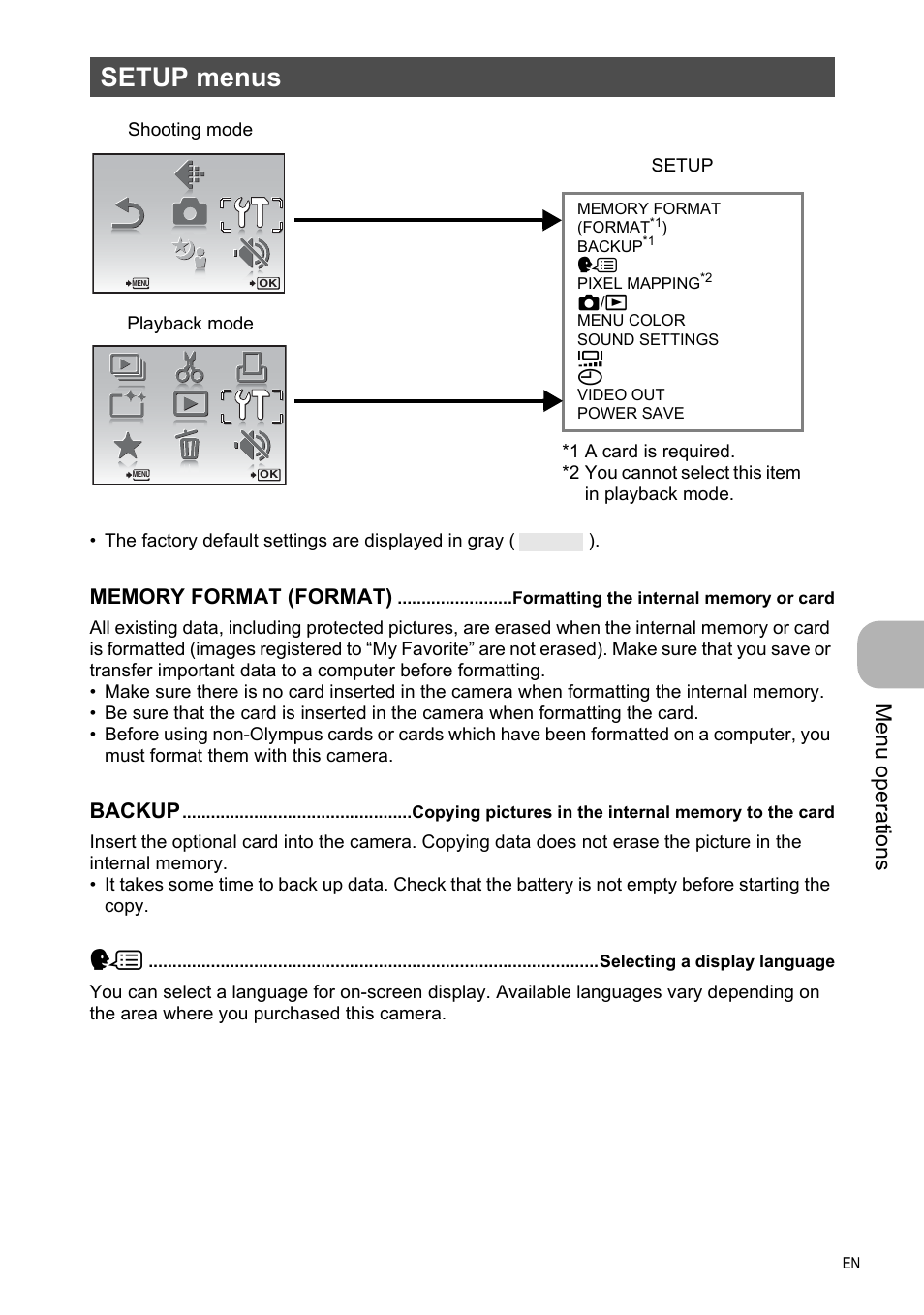 Setup menus, Formatting the internal memory or card, Selecting a display language | Me nu opera tions, Backup, Playback mode shooting mode | Olympus FE-330 User Manual | Page 27 / 63