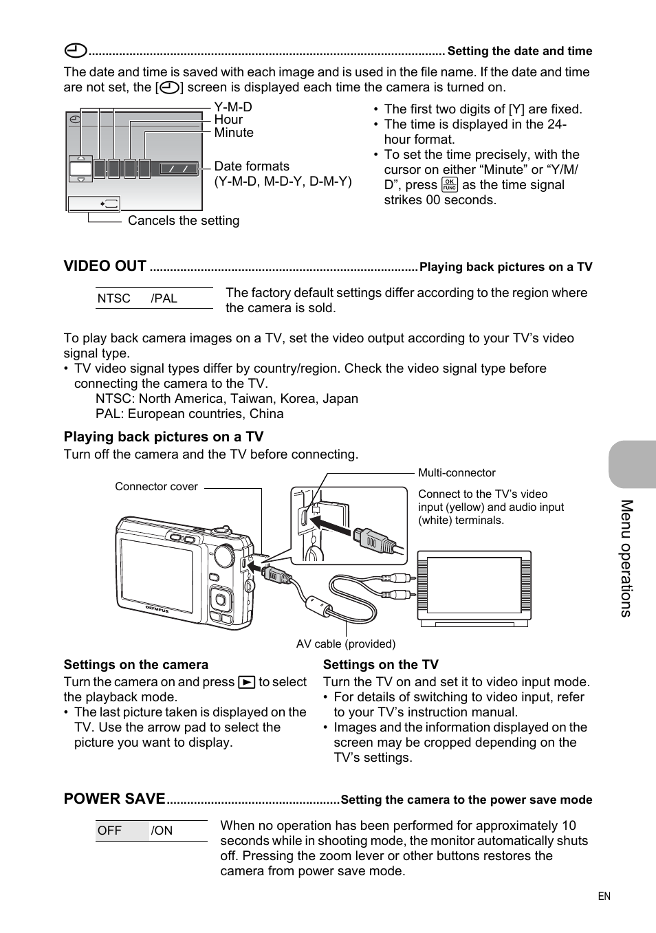 Setting the date and time, Playing back pictures on a tv, Setting the camera to the power save mode | Me nu opera tions | Olympus FE-330 User Manual | Page 29 / 63