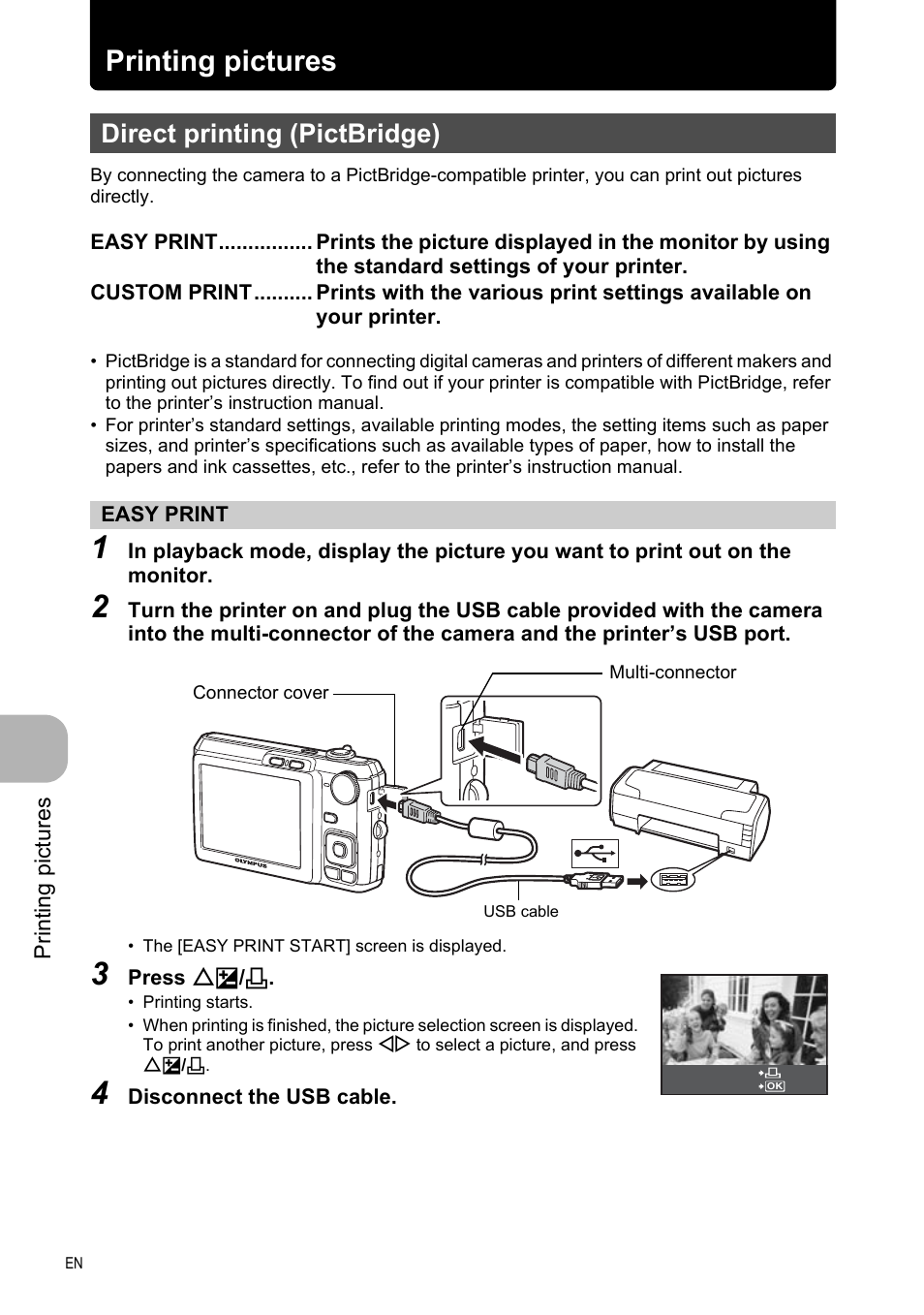 Printing pictures, Direct printing (pictbridge), Easy print | P. 30, Direct printing (pictbridge)” (p. 30) | Olympus FE-330 User Manual | Page 30 / 63