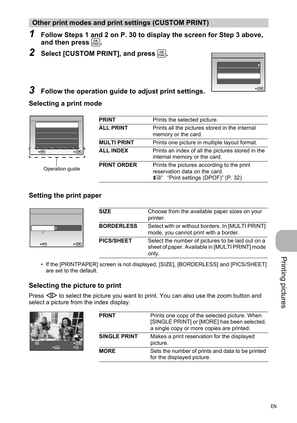 Pri n ting pi ct ures, Select [custom print], and press | Olympus FE-330 User Manual | Page 31 / 63