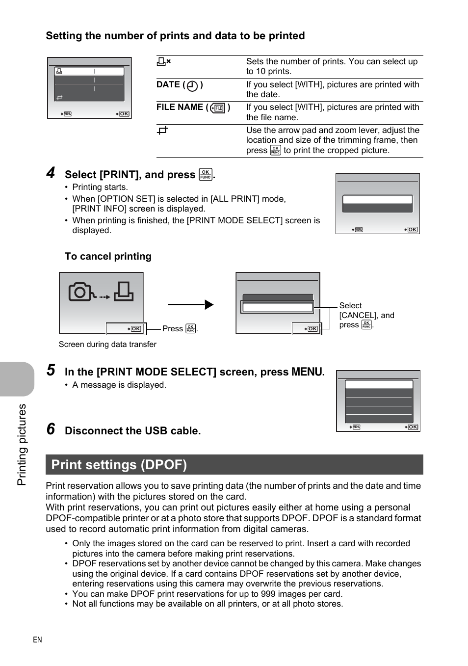Print settings (dpof), Pri n ting pi ct ures, Select [print], and press | Disconnect the usb cable | Olympus FE-330 User Manual | Page 32 / 63