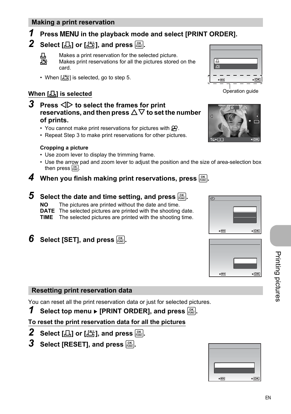 Making a print reservation, Resetting print reservation data, Pri n ting pi ct ures | Select [ < ] or [ u ], and press, When you finish making print reservations, press, Select the date and time setting, and press, Select [set], and press, Select top menu [print order], and press, When [ < ] is selected | Olympus FE-330 User Manual | Page 33 / 63