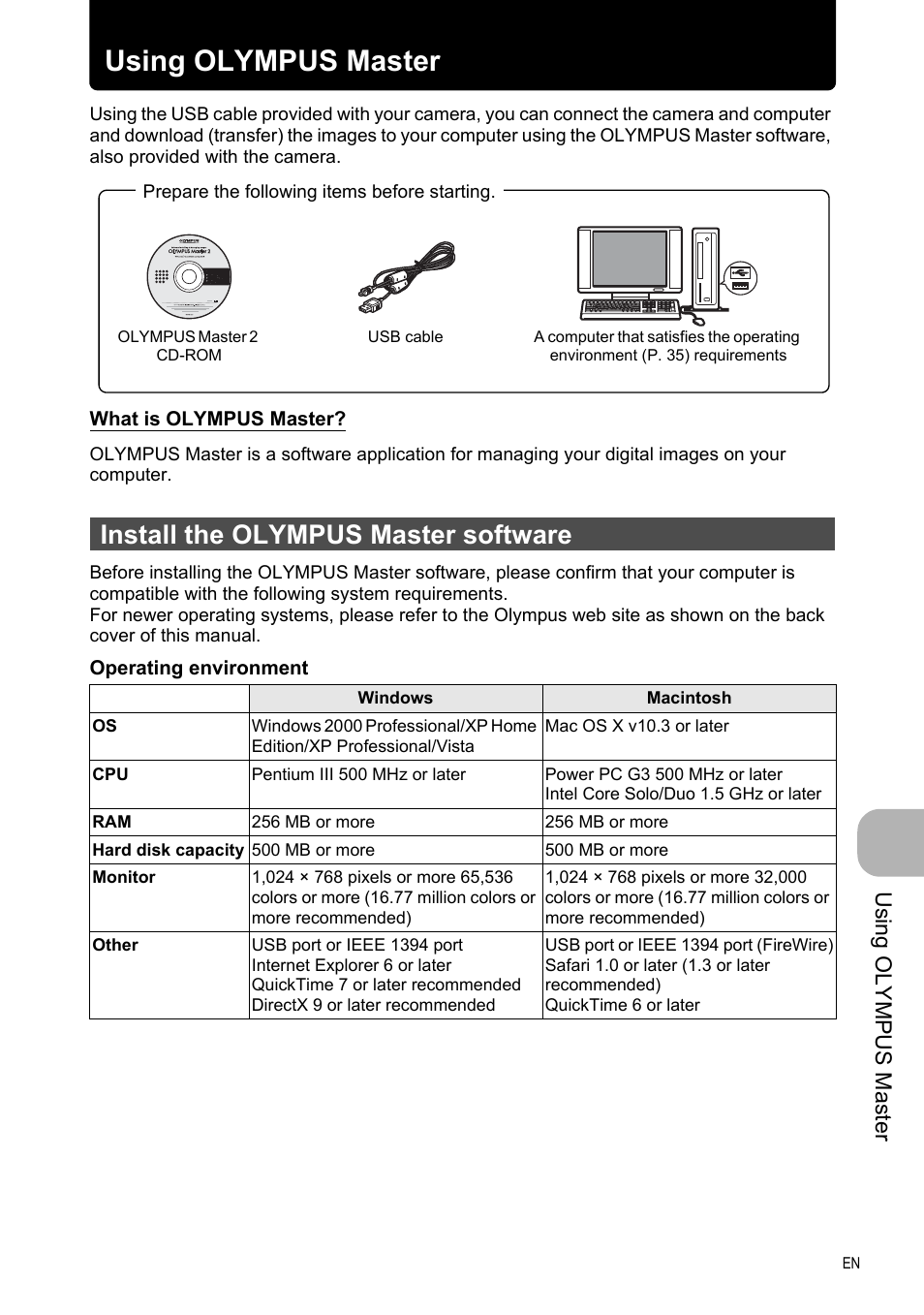 Using olympus master, Install the olympus master software, P. 35 | 35 using olympus master, Usi ng olympus mast er | Olympus FE-330 User Manual | Page 35 / 63