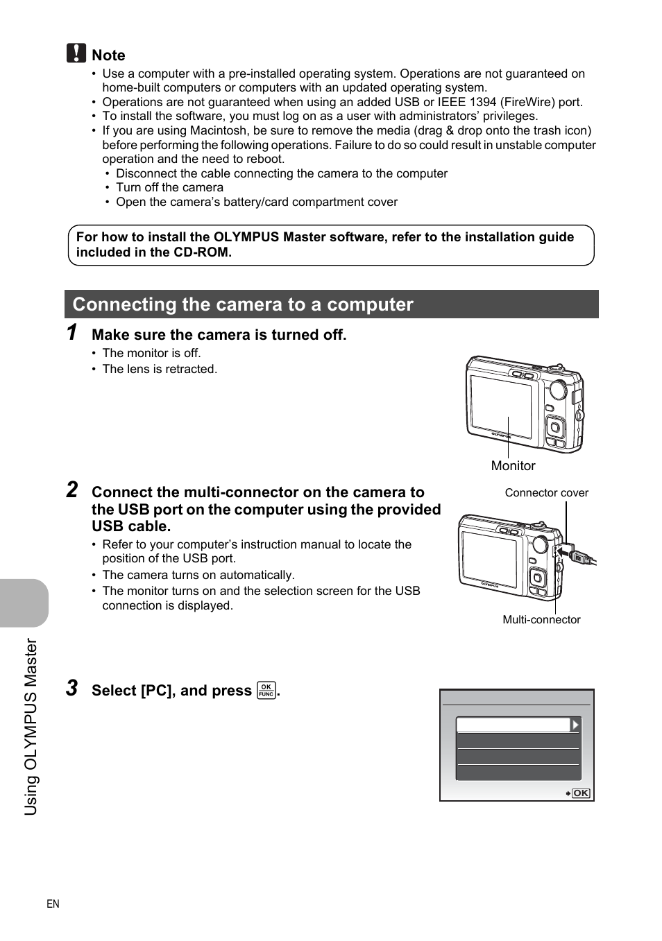 Connecting the camera to a computer, Usi ng o lympus mast er | Olympus FE-330 User Manual | Page 36 / 63