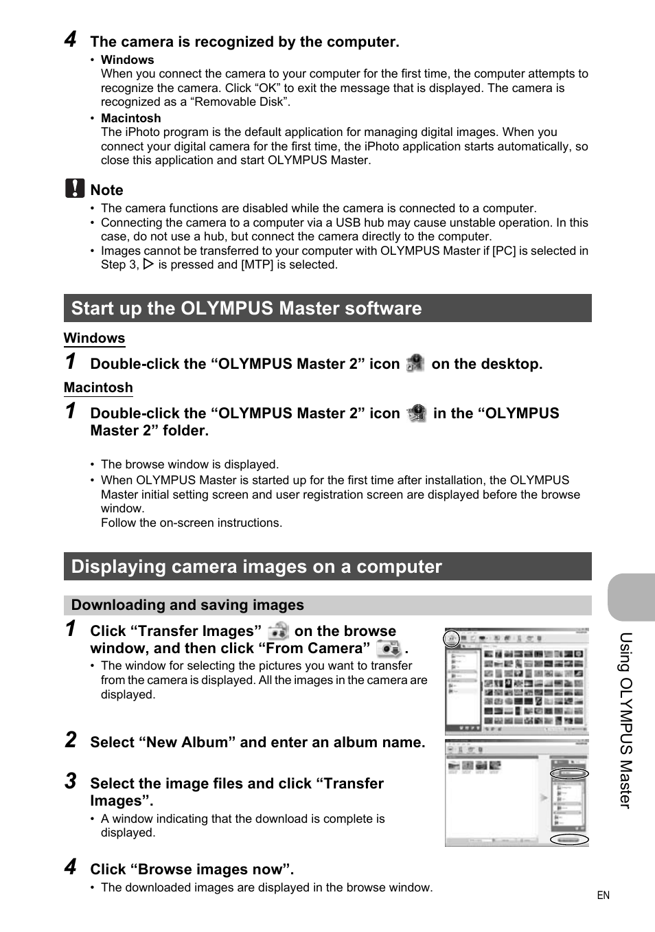 Start up the olympus master software, Displaying camera images on a computer, Downloading and saving images | Olympus FE-330 User Manual | Page 37 / 63