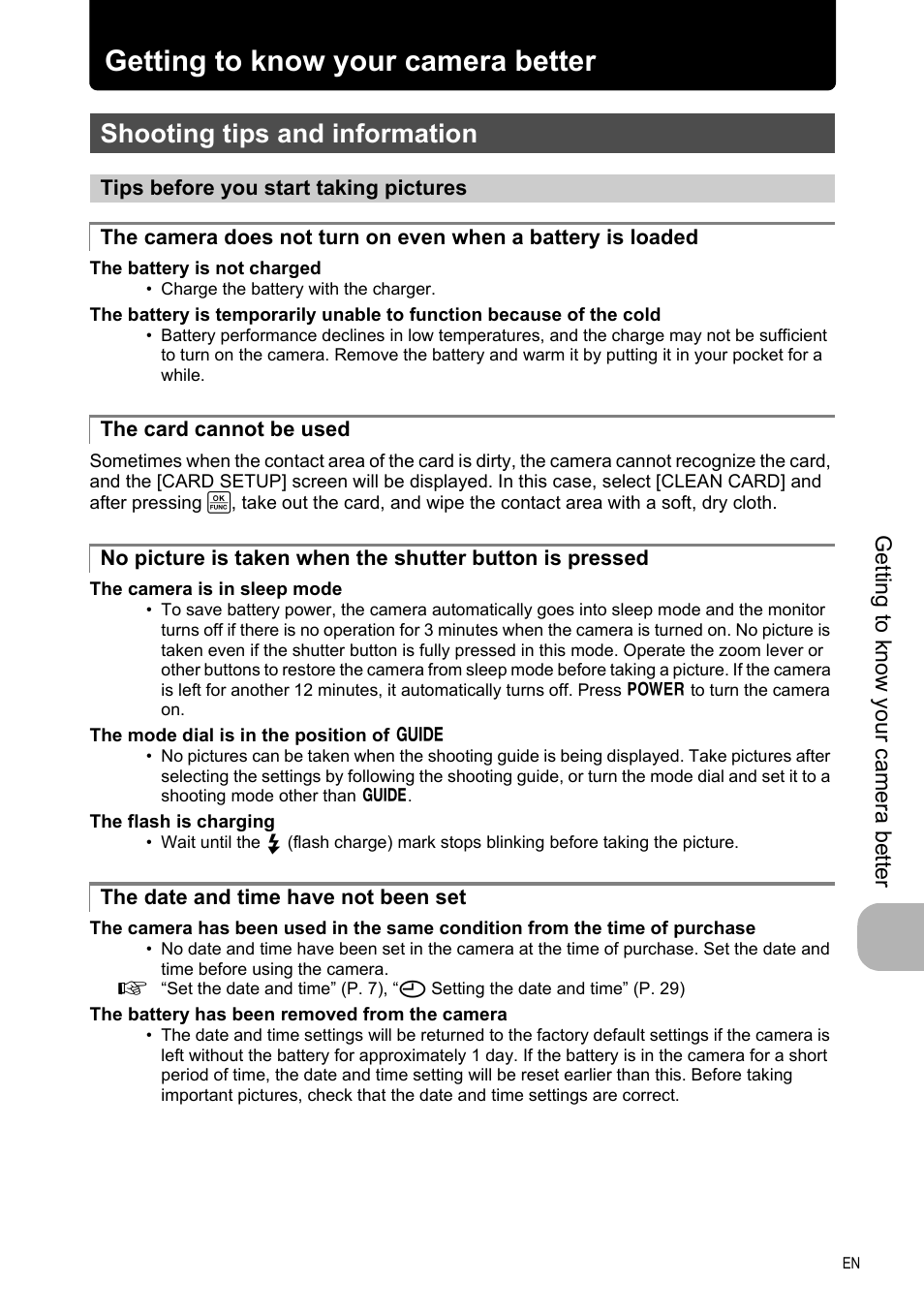 Getting to know your camera better, Shooting tips and information, Tips before you start taking pictures | The card cannot be used, The date and time have not been set, Getting to know your, Camera better, P. 39, 39 getting to know your camera better | Olympus FE-330 User Manual | Page 39 / 63