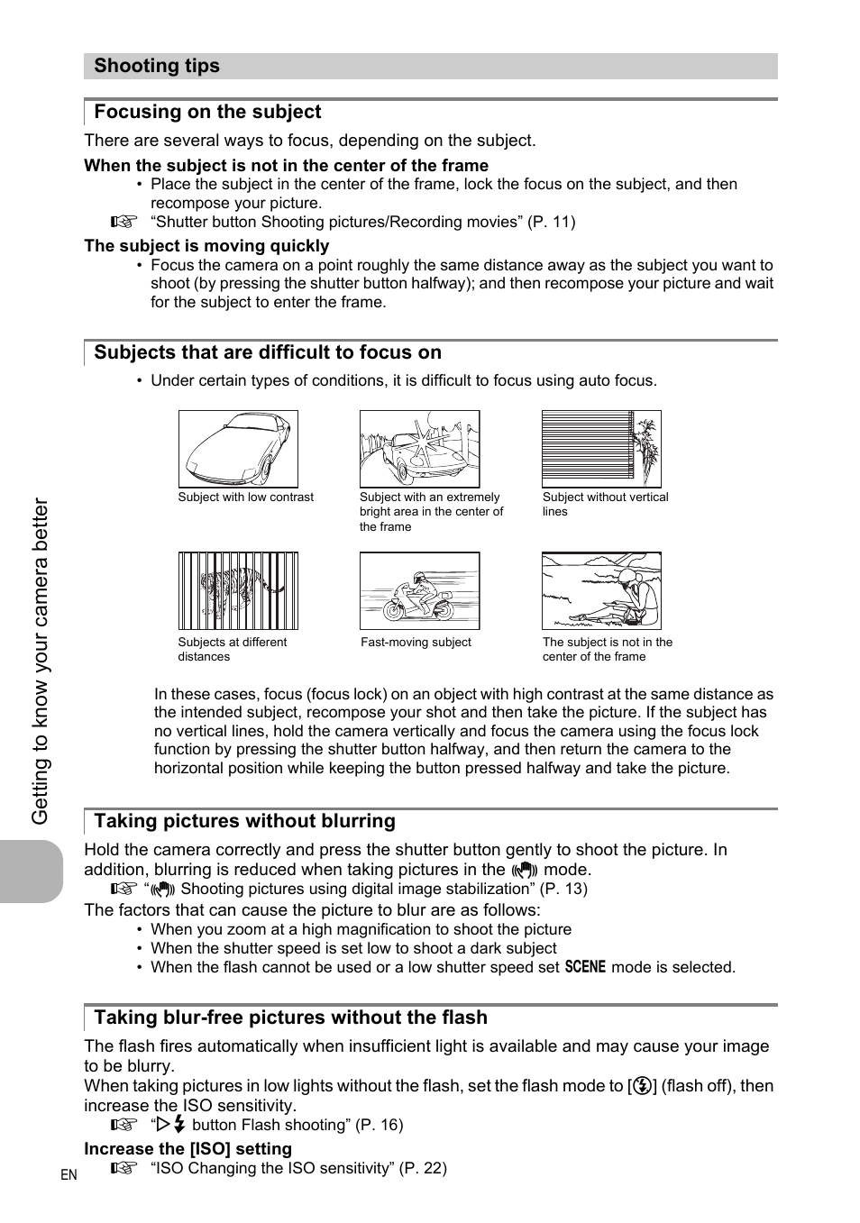 Shooting tips, Focusing on the subject, Subjects that are difficult to focus on | Taking pictures without blurring, Taking blur-free pictures without the flash | Olympus FE-330 User Manual | Page 40 / 63