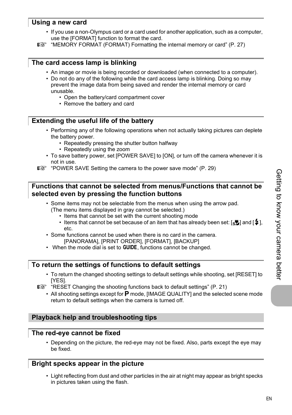 Using a new card, The card access lamp is blinking, Extending the useful life of the battery | Playback help and troubleshooting tips, The red-eye cannot be fixed, Bright specks appear in the picture, Get ting to know your camera be tt er | Olympus FE-330 User Manual | Page 43 / 63