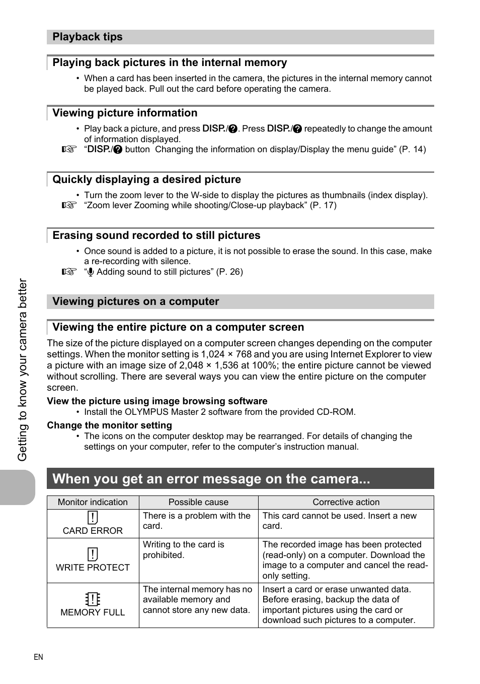 Playback tips, Playing back pictures in the internal memory, Viewing picture information | Quickly displaying a desired picture, Erasing sound recorded to still pictures, Viewing pictures on a computer, Viewing the entire picture on a computer screen, When you get an error message on the camera | Olympus FE-330 User Manual | Page 44 / 63