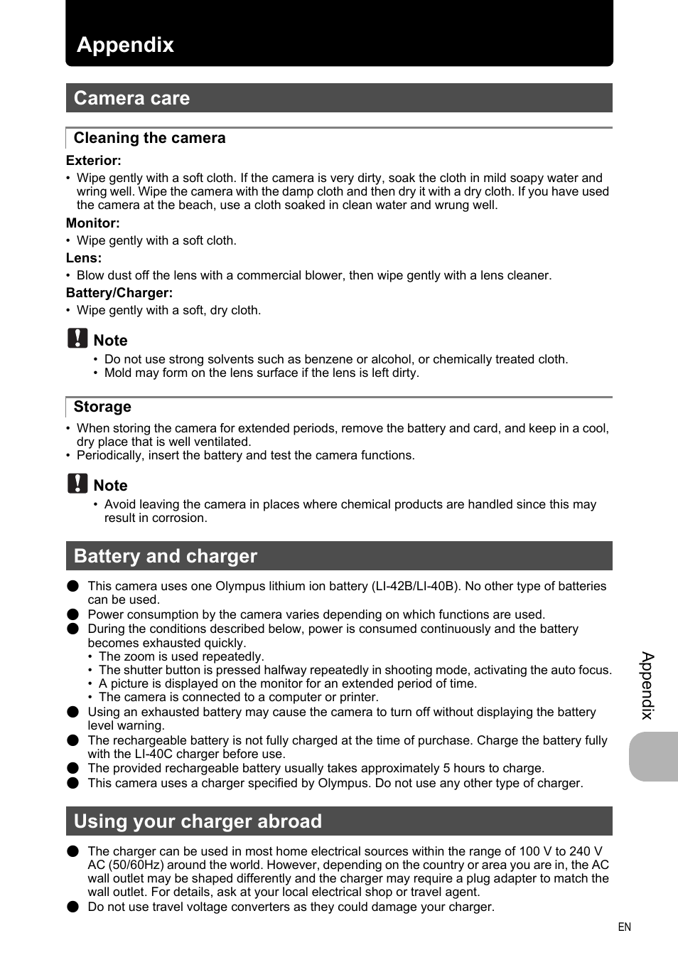 Appendix, Camera care, Battery and charger | Using your charger abroad, P. 47, 47 appendix, Battery and charger using your charger abroad, Ap pend ix | Olympus FE-330 User Manual | Page 47 / 63
