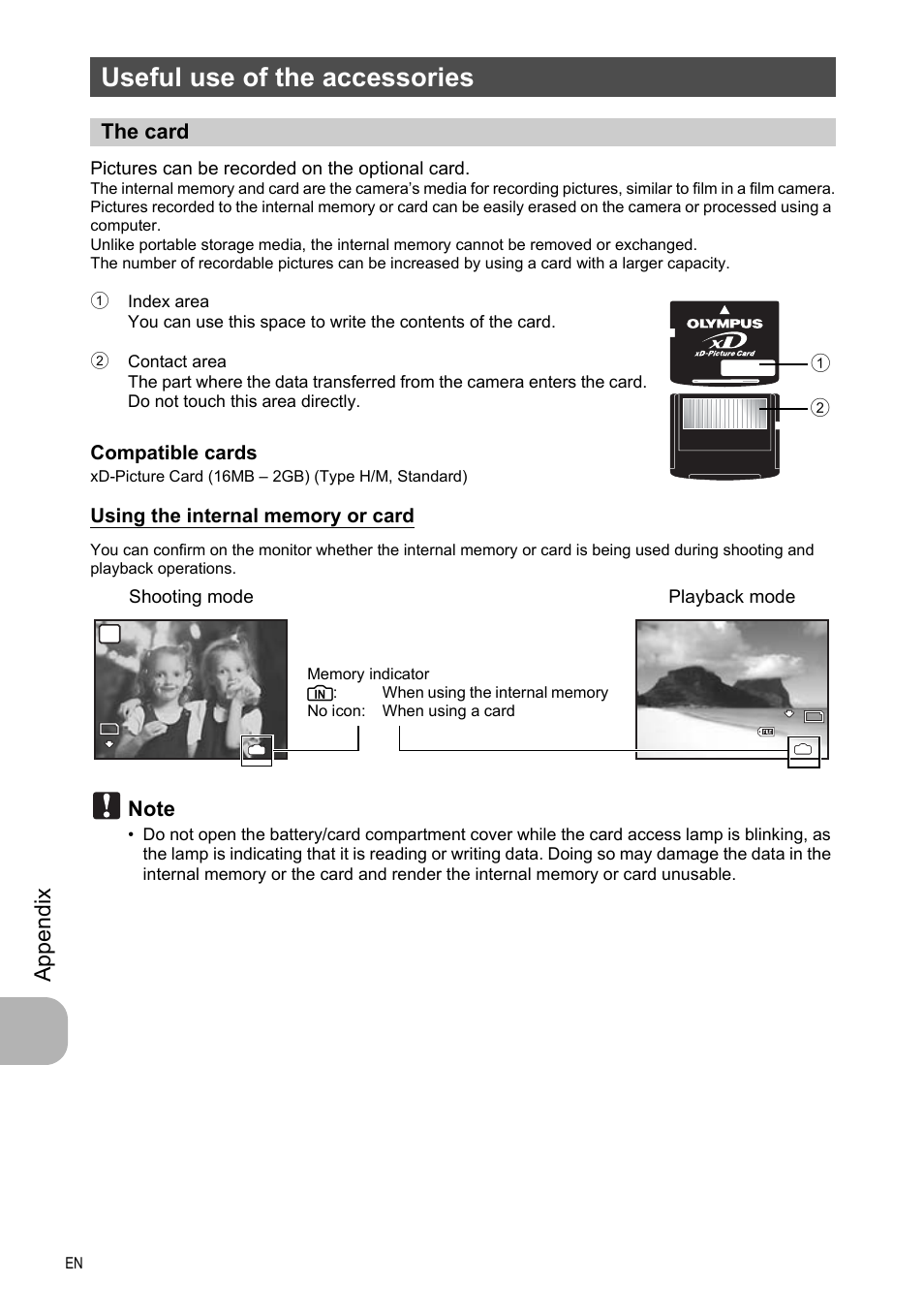 Useful use of the accessories, The card, App endi x | Compatible cards, Pictures can be recorded on the optional card, Shooting mode playback mode | Olympus FE-330 User Manual | Page 48 / 63