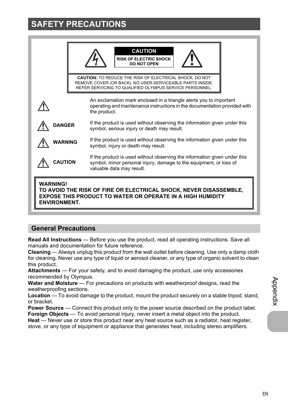 Safety precautions, Ap pend ix, General precautions | Olympus FE-330 User Manual | Page 49 / 63