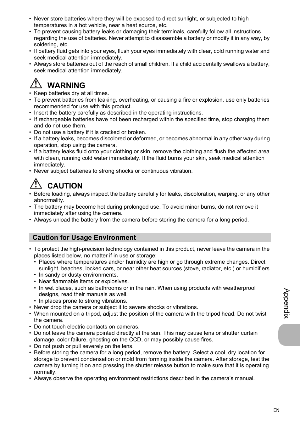 Warning, Caution, Ap pend ix | Olympus FE-330 User Manual | Page 51 / 63
