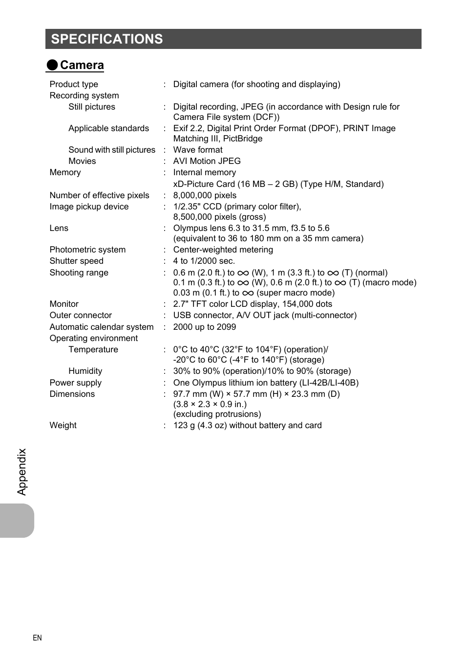 Specifications, Camera, App endi x | Olympus FE-330 User Manual | Page 56 / 63