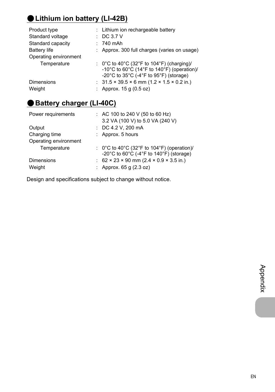 Lithium ion battery (li-42b), Battery charger (li-40c), Ap pend ix | Olympus FE-330 User Manual | Page 57 / 63