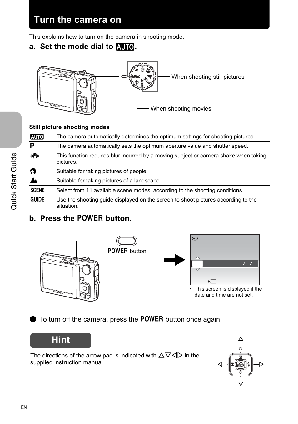 Turn the camera on, Hint, A. set the mode dial to h | B. press the o button, Qu ic k s ta rt gu id e | Olympus FE-330 User Manual | Page 6 / 63