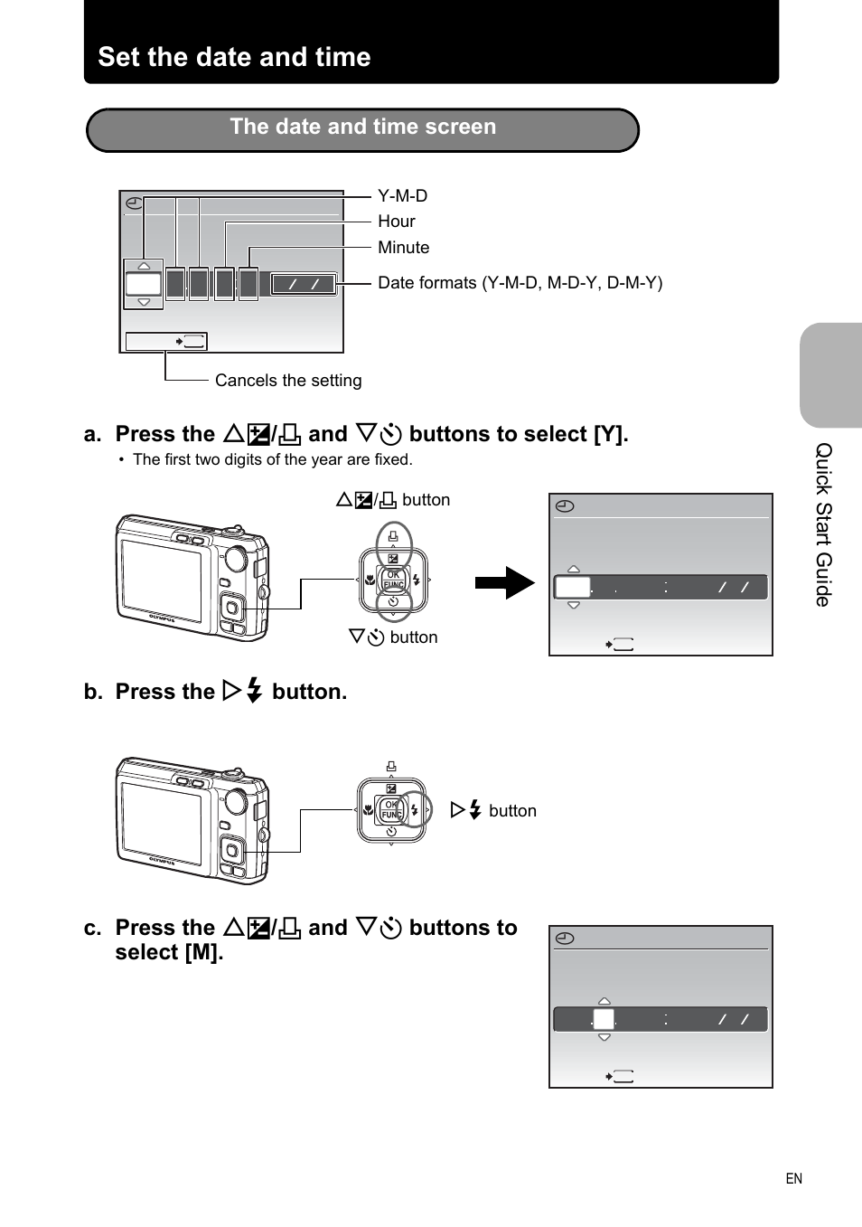 7set the date and time, A. press the of / < and ny buttons to select [y, Quick start guide | Olympus FE-330 User Manual | Page 7 / 63