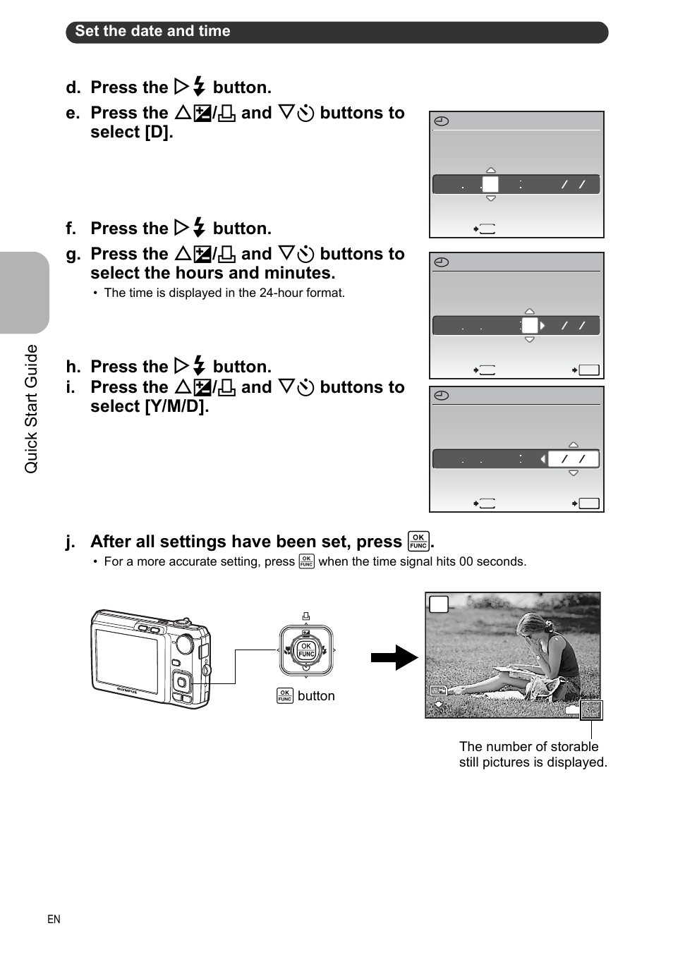 Qu ic k s ta rt gu id e, Set the date and time | Olympus FE-330 User Manual | Page 8 / 63