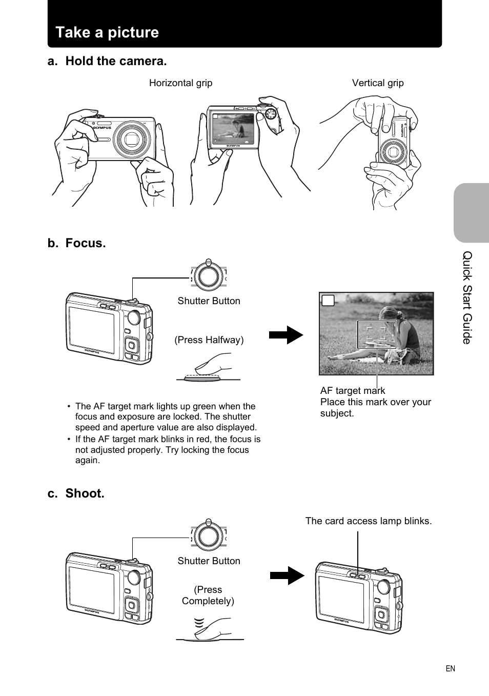 9take a picture, A. hold the camera. c. shoot, B. focus | Quick start guide, Horizontal grip vertical grip, Shutter button (press halfway) | Olympus FE-330 User Manual | Page 9 / 63