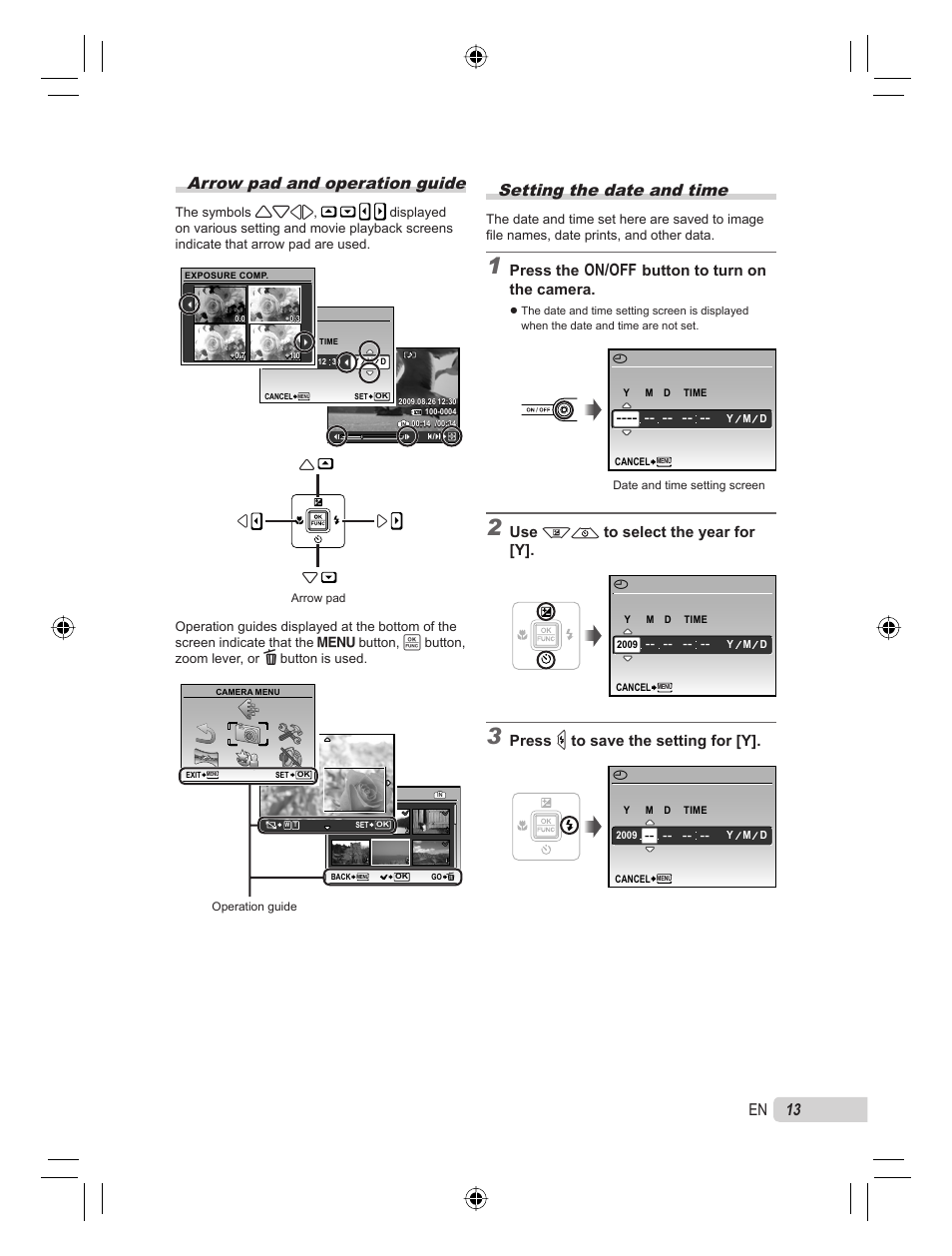 Arrow pad and operation guide, Setting the date and time, 13 en | Press the n button to turn on the camera, Use kl to select the year for [y, Press n to save the setting for [y | Olympus 9000 User Manual | Page 13 / 78