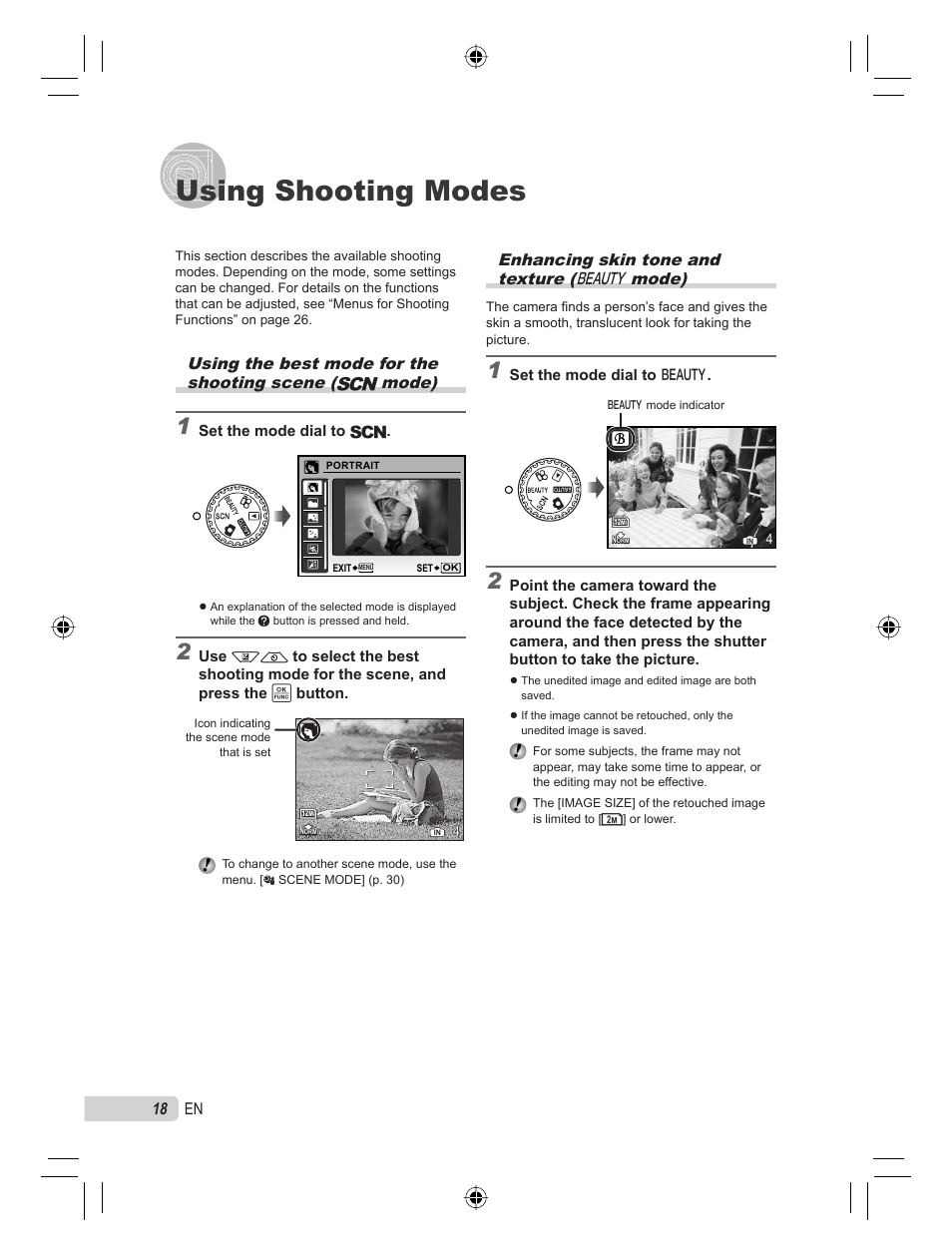 Using shooting modes, Enhancing skin tone and texture (b mode), 18 en | Olympus 9000 User Manual | Page 18 / 78
