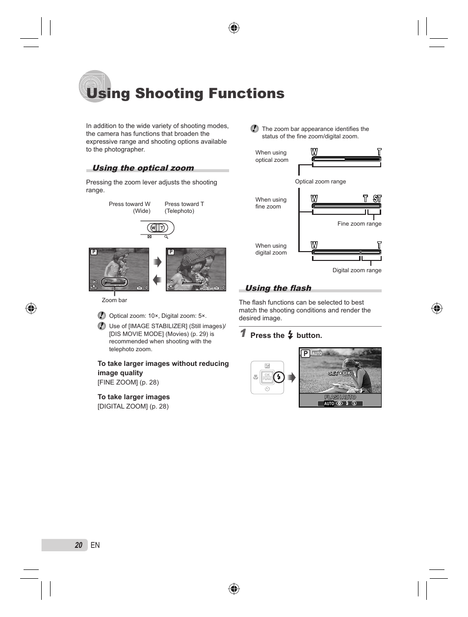 Using shooting functions, Using the fl ash, Using the optical zoom | 20 en, Press the # button | Olympus 9000 User Manual | Page 20 / 78